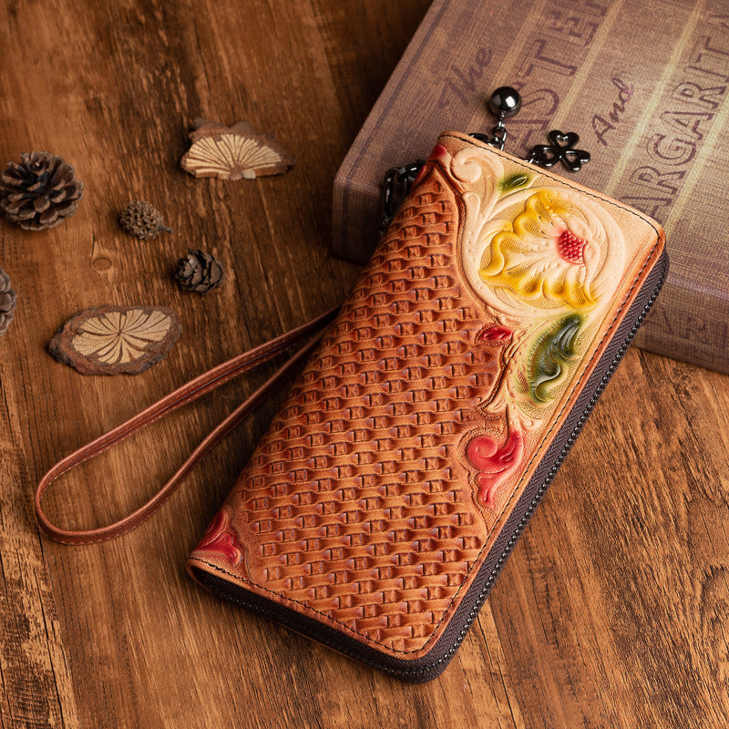 Fashion Retro Hand-Painted Tree High Leather Mid-Length Clutch Purse