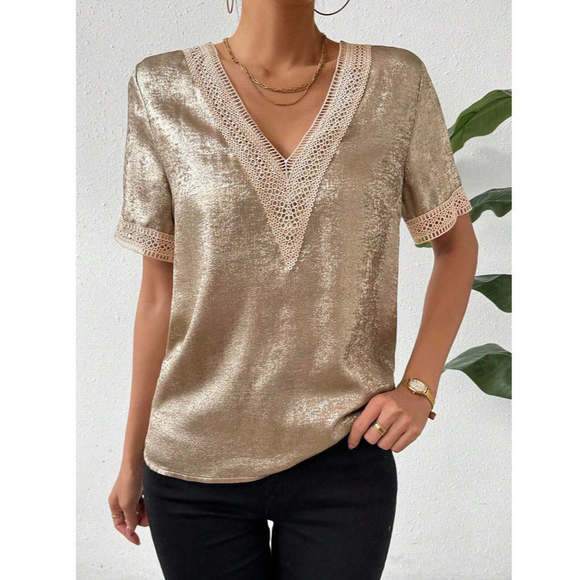 Women's Comfortable Elegant Lace V-Neck Stitching Short Sleeve