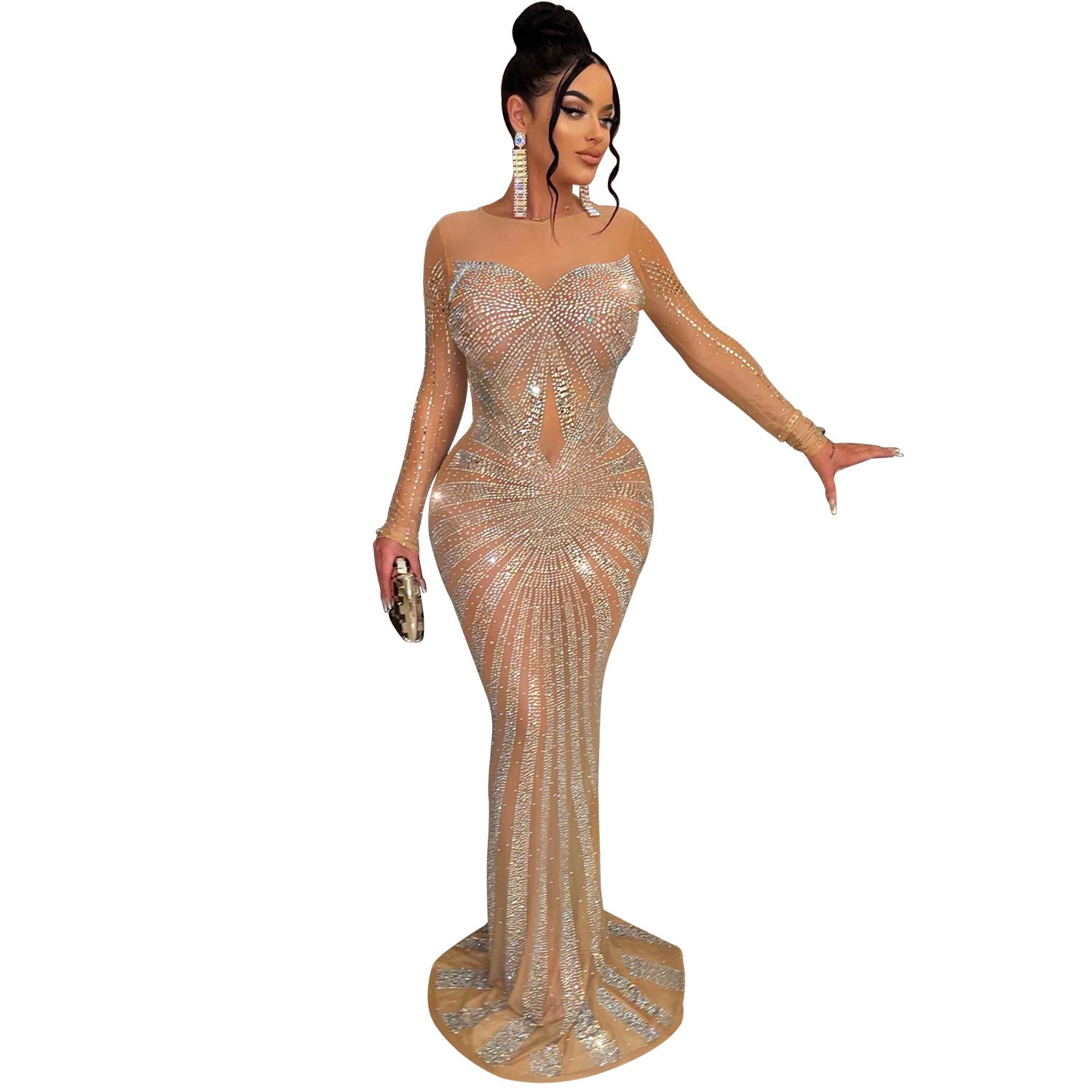 Women's Solid Color Mesh See-through Hot Drill Long-Sleeved Long Dress