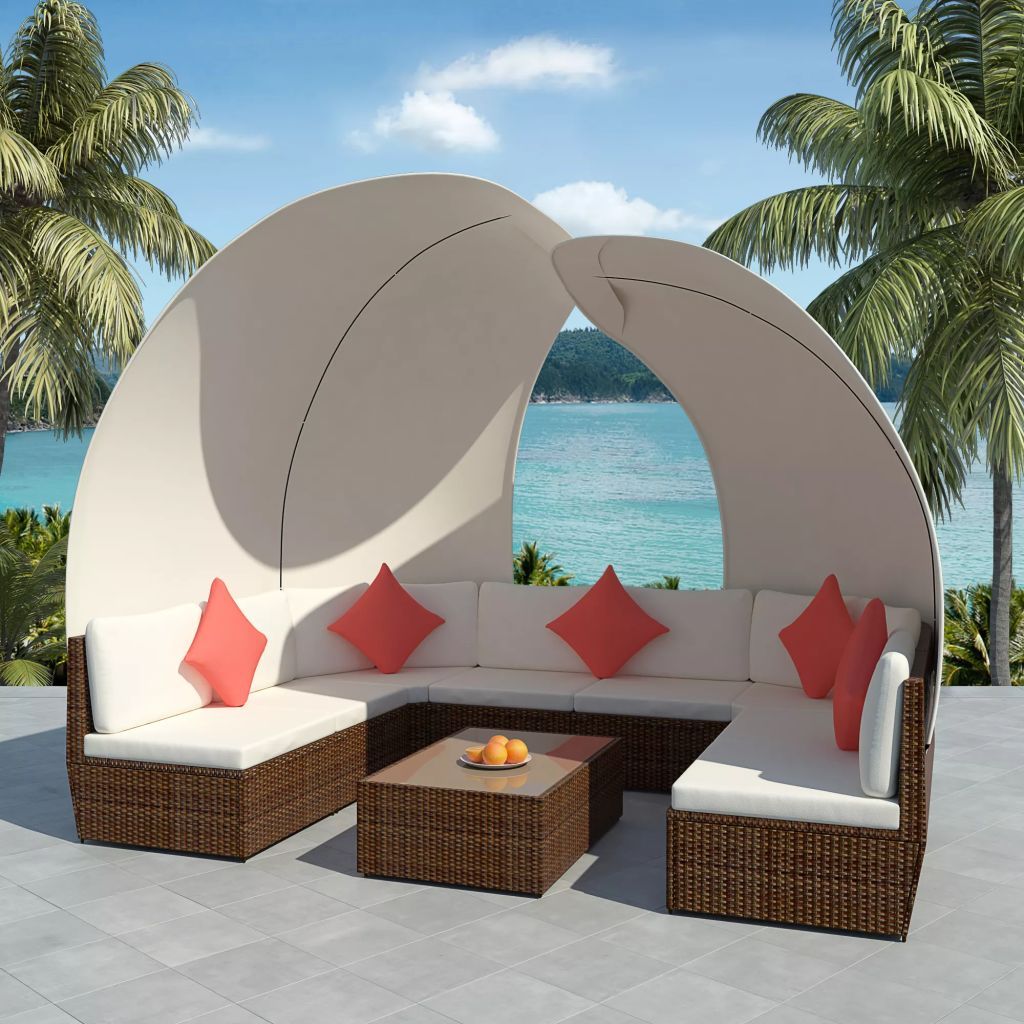 VidaXL 9 Piece Patio Lounge Set with Canopies Poly Rattan Brown