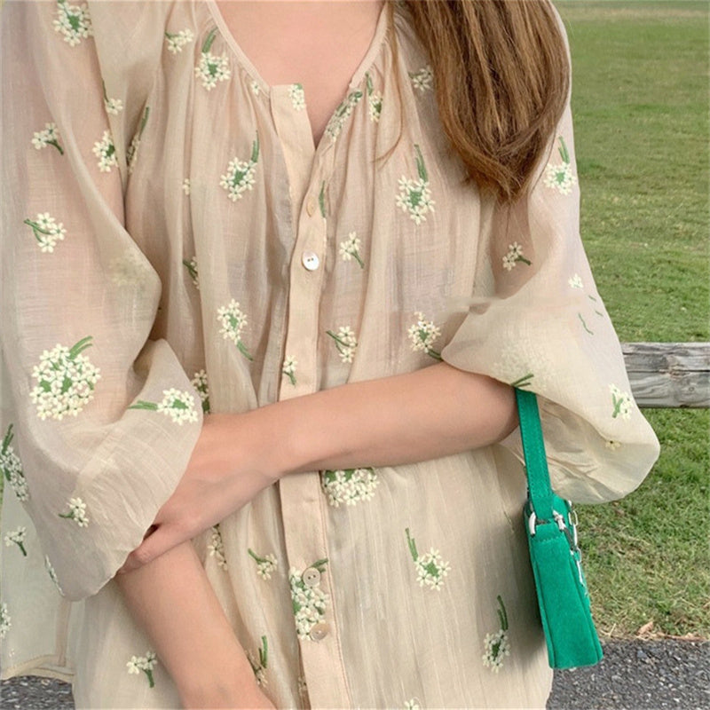 Women's 3D Embroidered Nude Beige Blouse