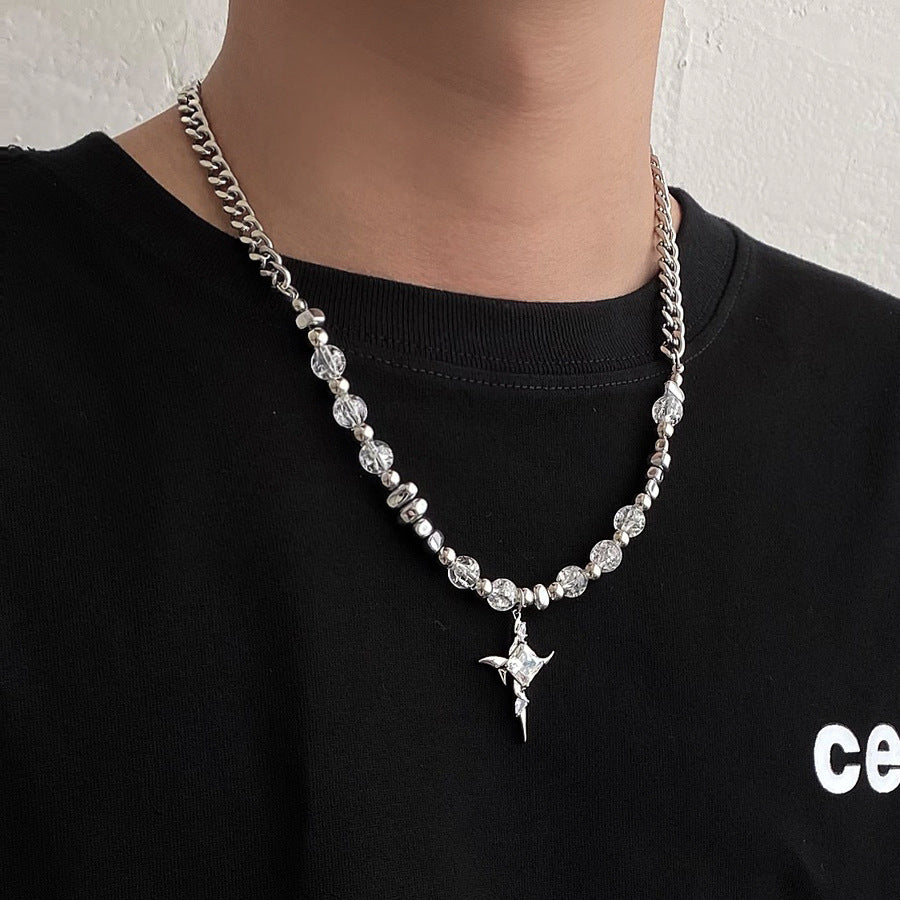 Irregular Cross Necklace Ice Crack Beads Titanium Steel