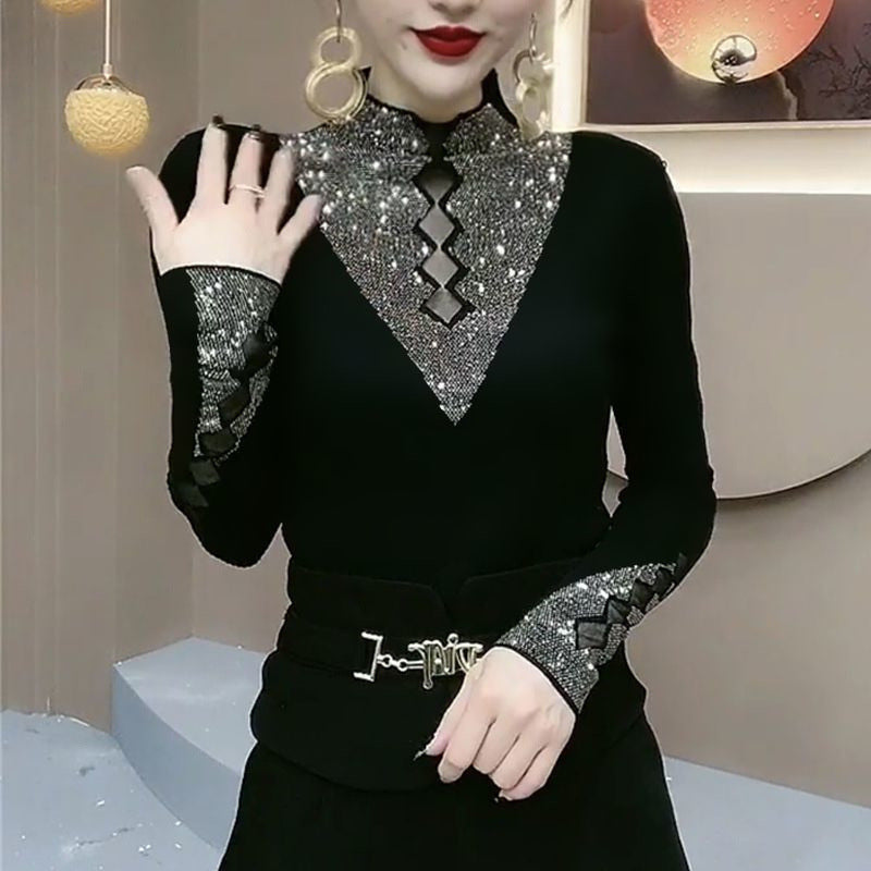 Women's Temperament Fashion Hollow Mesh Stitching Diamond Encrusted Top