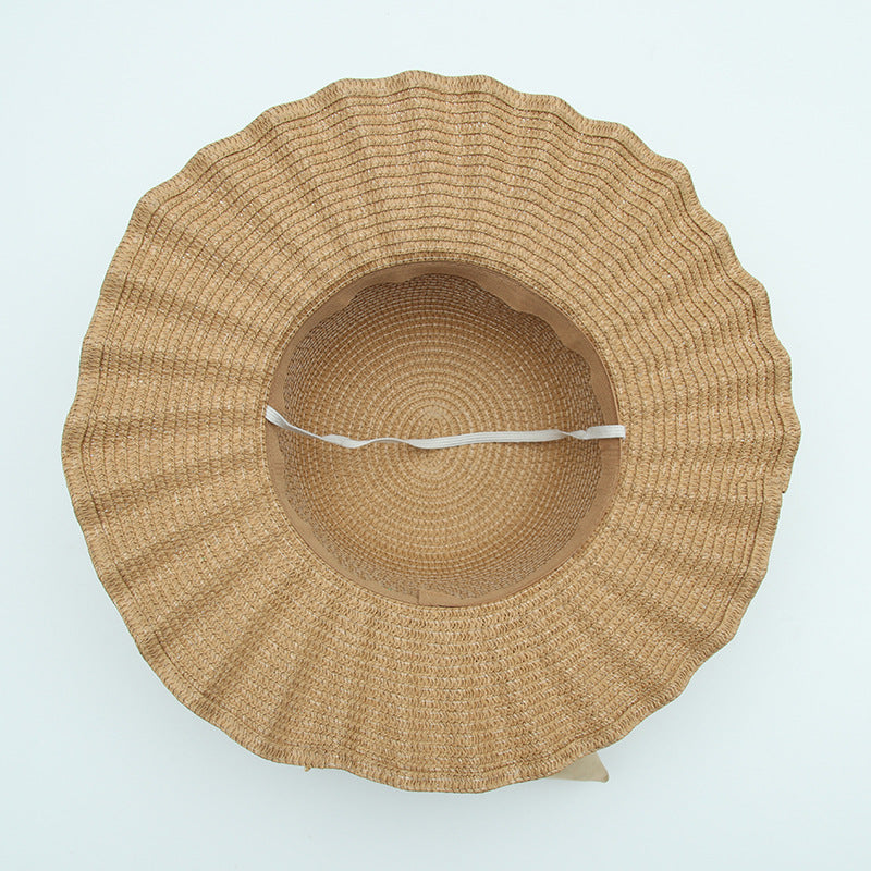 Wide-Brimmed Holiday Beach Hat With Shell Pattern Big Bow