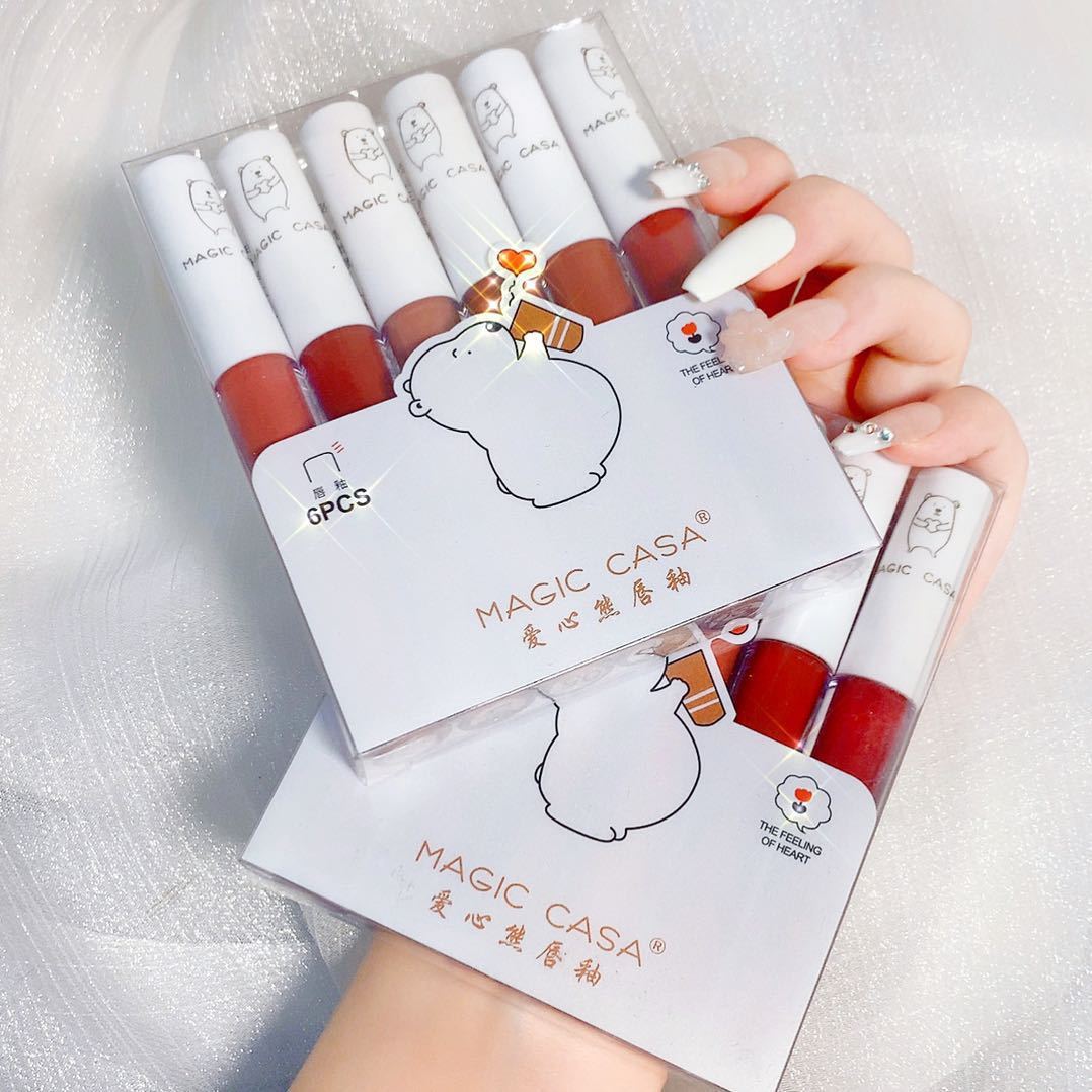 MAGIC CASA Love Bear Lip Lacquer Six Sets Not Easy To Fade Lipstick Matte Moisturizing Lip Mud Cross-Border Makeup