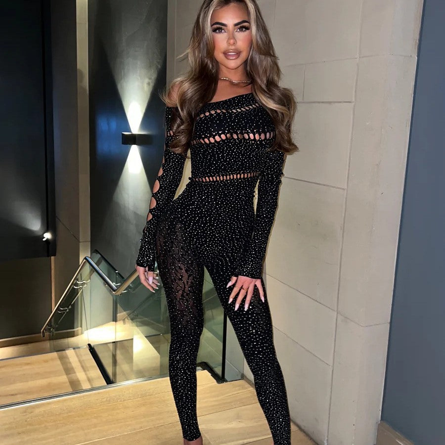 One-Piece Long Sleeves Hot Rhinestone Shiny Fishnet Clothes Sexy Lingerie