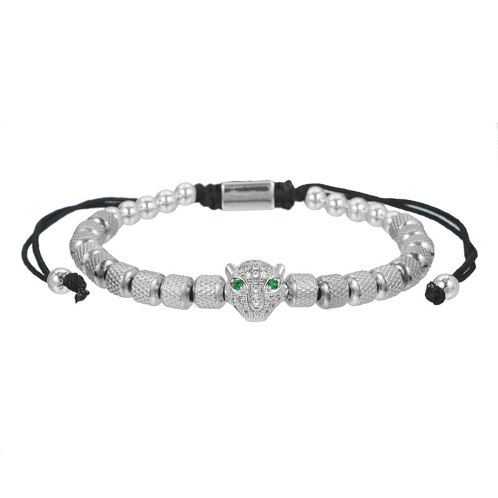 Zircon Leopard Head Stainless Steel Pineapple Bead Bracelet