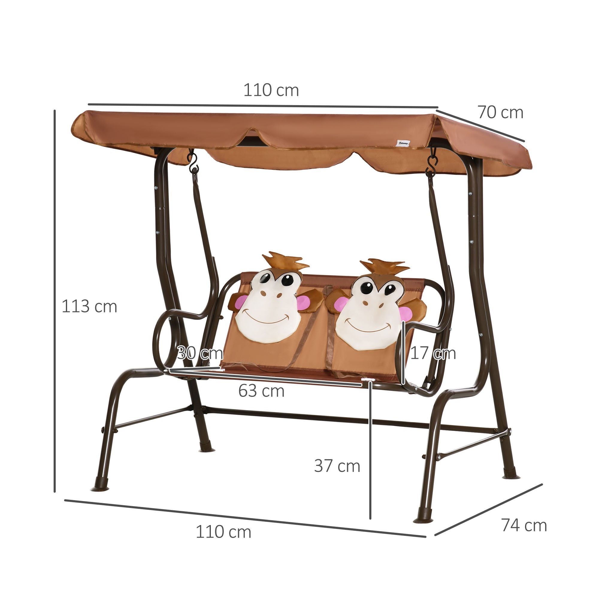2 Seater Kids Garden Swing Seat, Children Outdoor Patio Lounge Chair For Gardens W/ Adjustable Awning, Seatbelt, Monkey Pattern - Brown