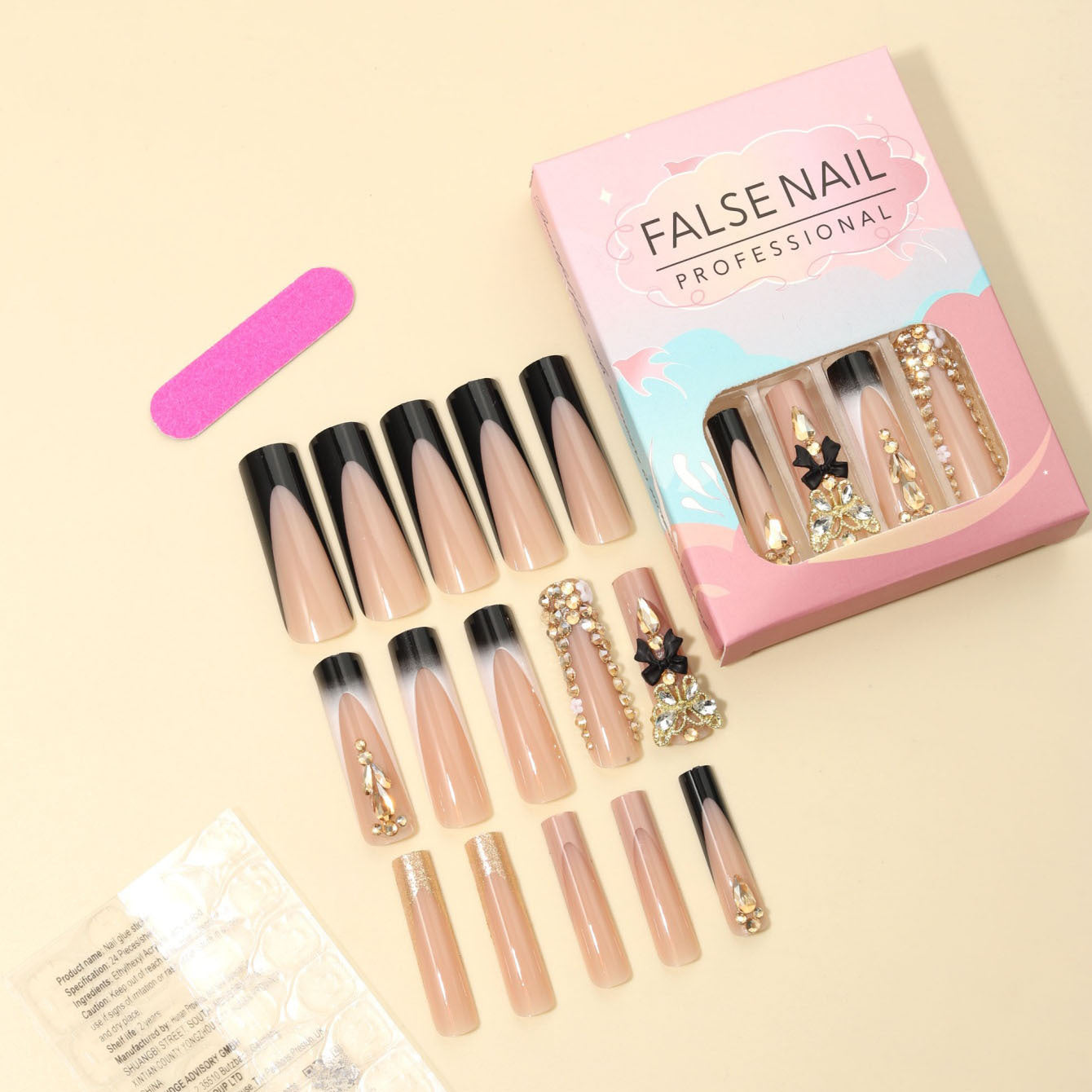 Rectangular Black French-Style Three-Dimensional Butterfly Detachable Fake Nails