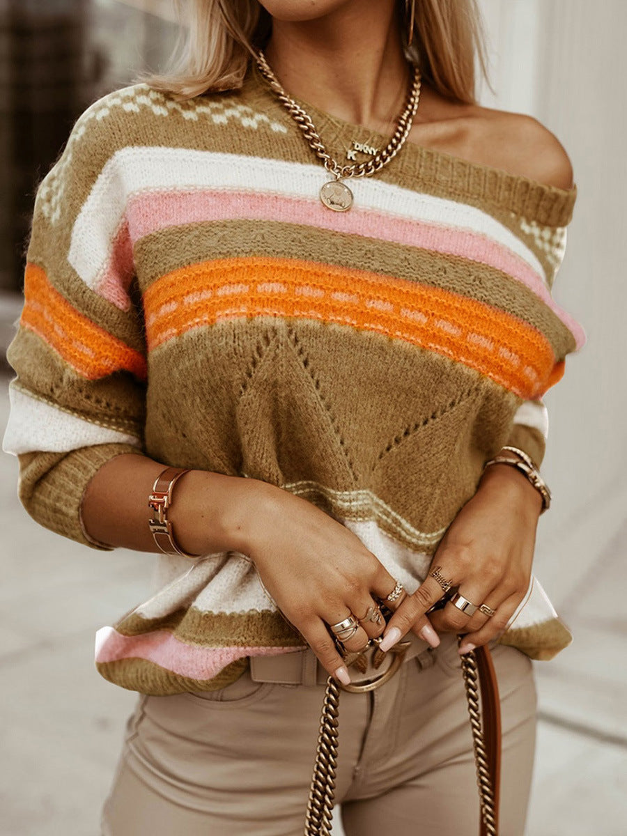 Winter Striped Colored Pullover Sweater Women's Knitted Jacquard Texture Top