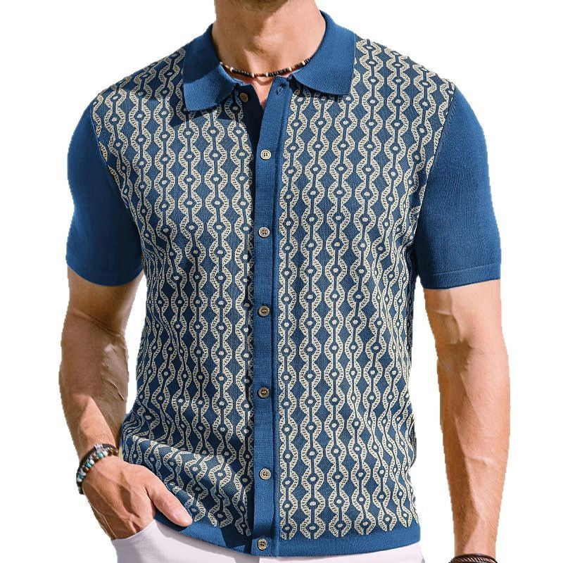 Summer Tencel Short-Sleeved Sweater Lapel Jacquard Cardigan for Men