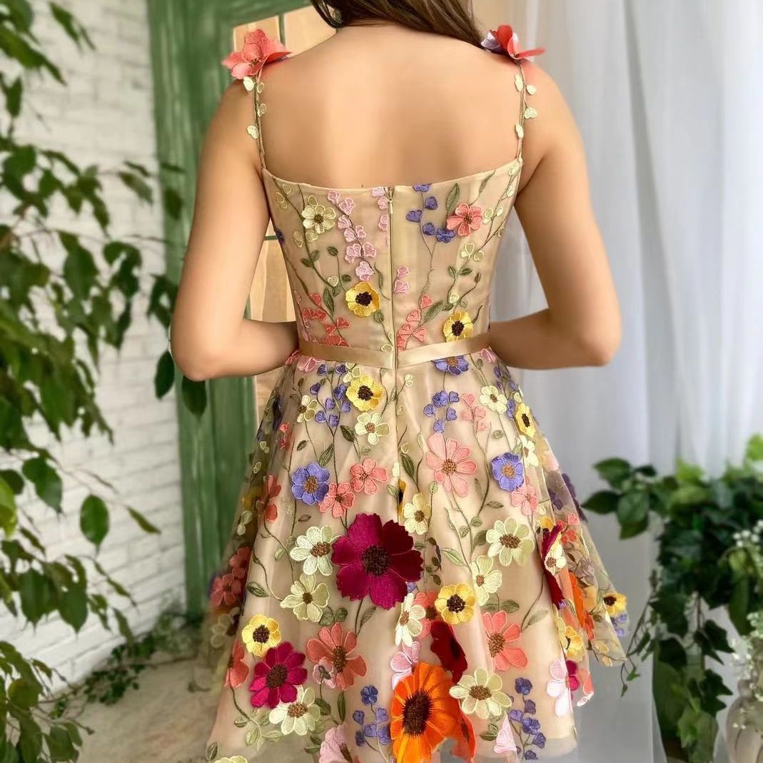 Three-Dimensional Flower Embroidery Dress Summer Fashion Sweet A-Line Suspender Dresses For Womens Clothing