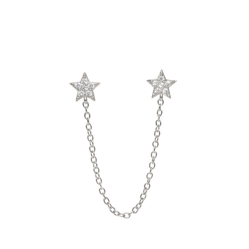 Sterling Silver Pentagram Diamond Chain Tassel Stud Earrings