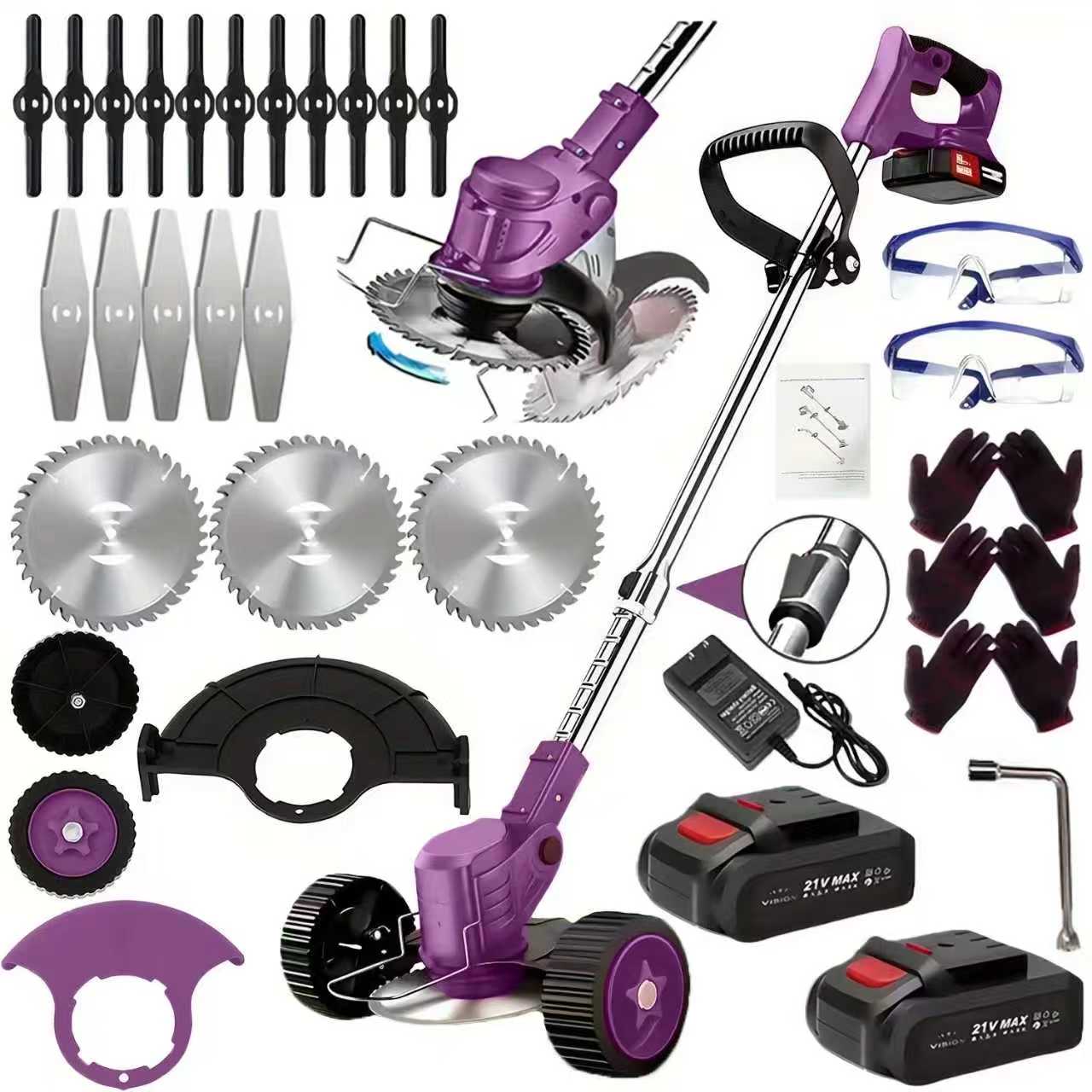 21V Electric Weed Eater With Wheels,Cordless Battery Weed Wacker With Charger, 2Batteries,3 In 1 Brush Cutter String Trimmer Grass Trimmer Lawn Mower,Edger For Garden And Yard Lawn,Dealsforyoudays