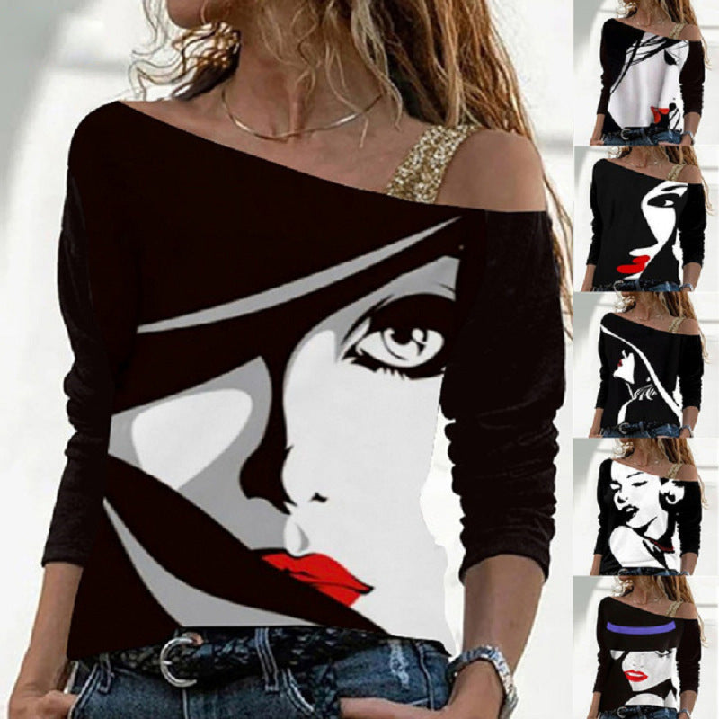 Fashion Print Stitching Oblique Shoulder Long-Sleeved T-shirt