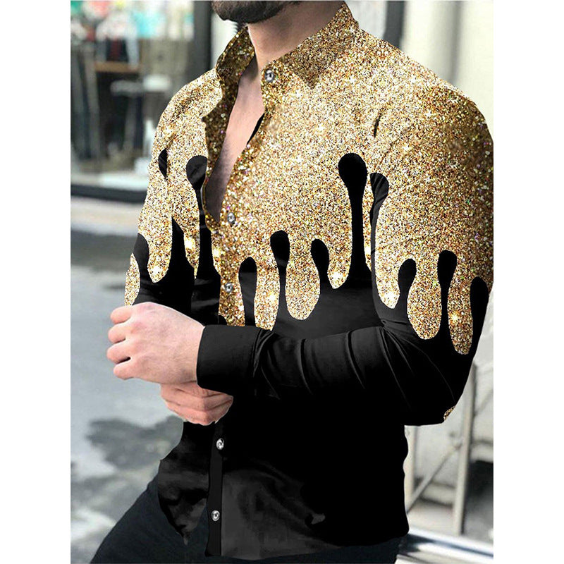 Men's Lapel Button Down Casual Print Long Sleeve Top