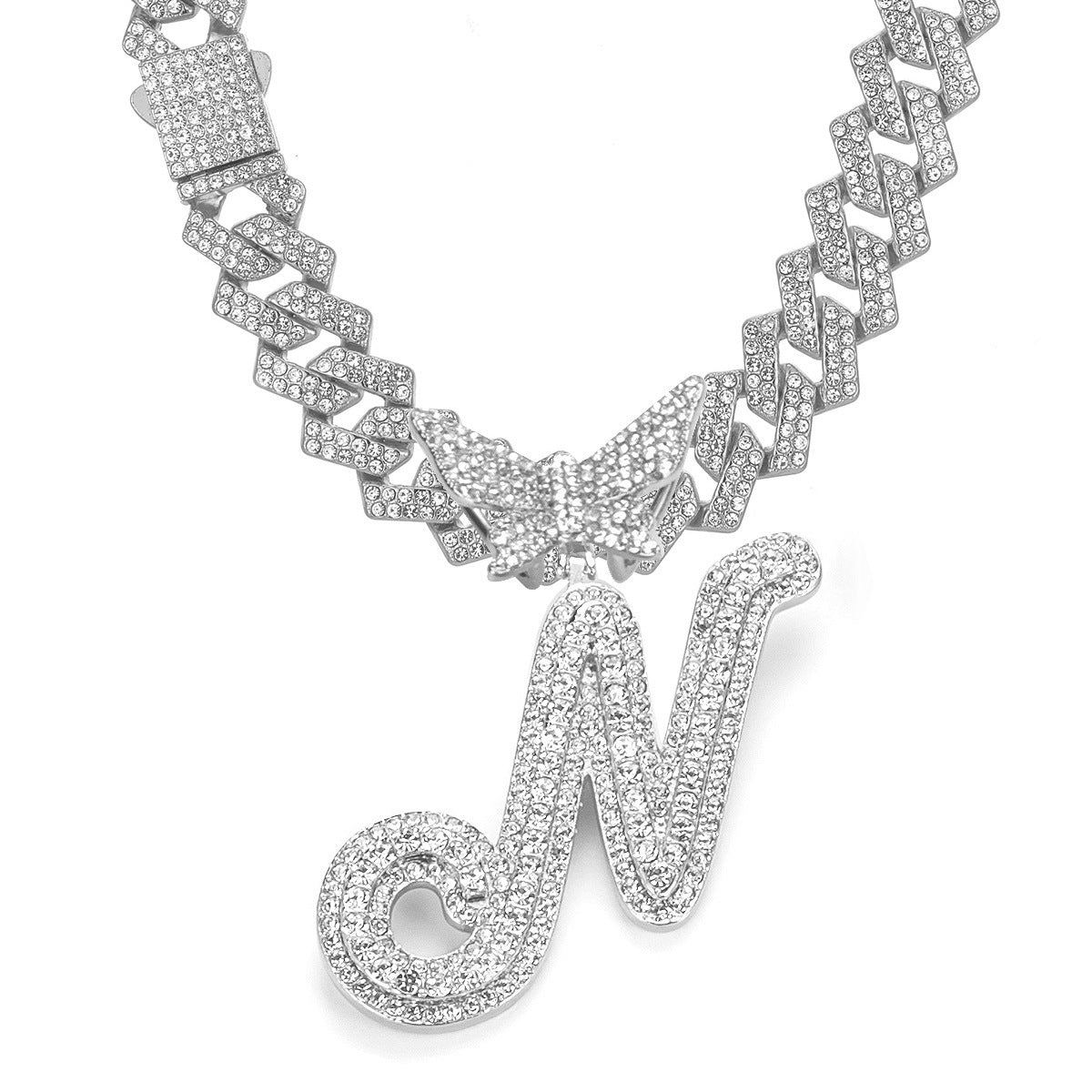 English Letter Alloy Rhinestone Pendant Necklace Butterfly