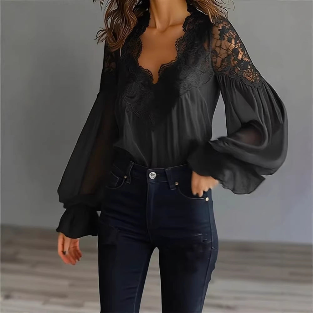 Ins Puff-Sleeved Blouse Fashion Elegant Ruffle Pleated Long-Sleeved Top Womens Clothing