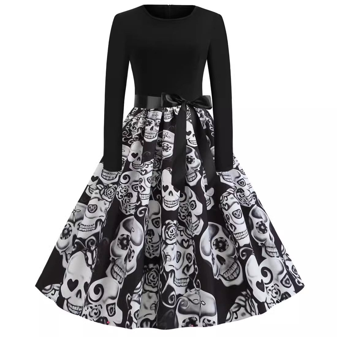 Vintage Hepburn Neck Waist Print Swing Dress