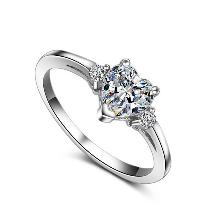 Heart-Shaped Diamond and Zircon White Gold Plated Wedding Ring