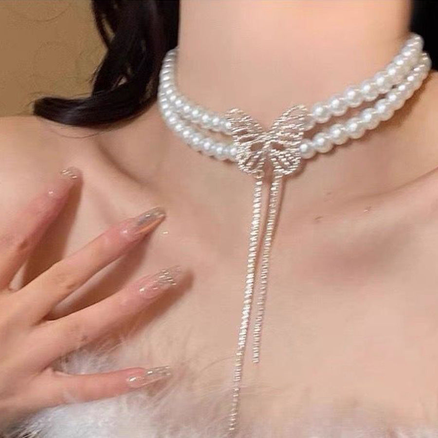 New Rhinestone Pearl Tassel Double-Layer Necklace