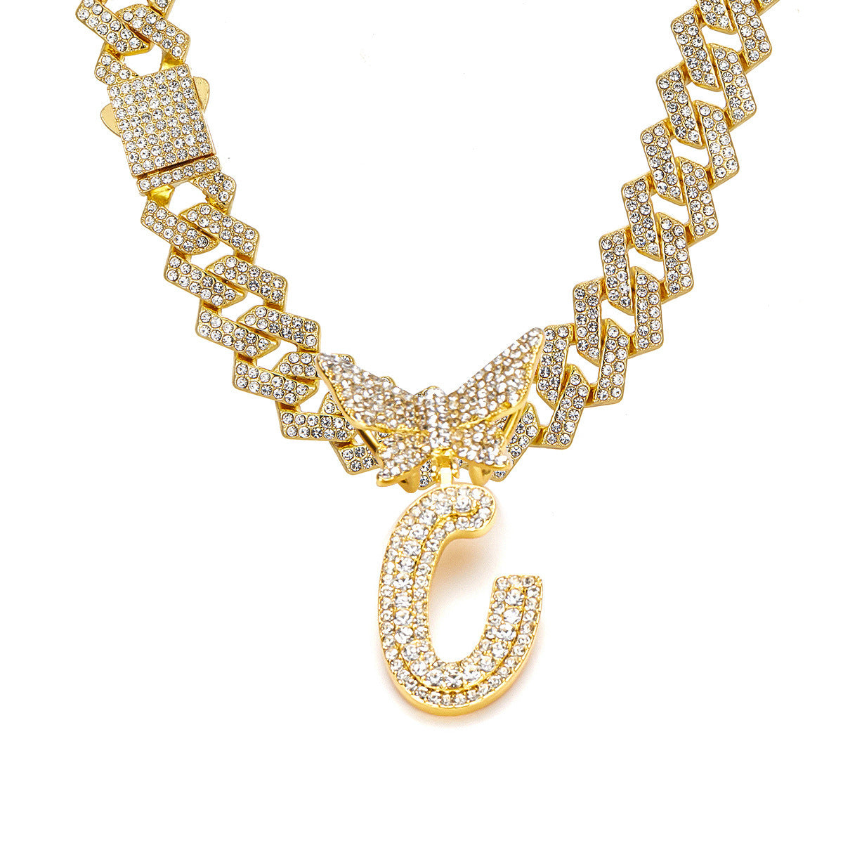 English Letter Alloy Rhinestone Pendant Necklace Butterfly