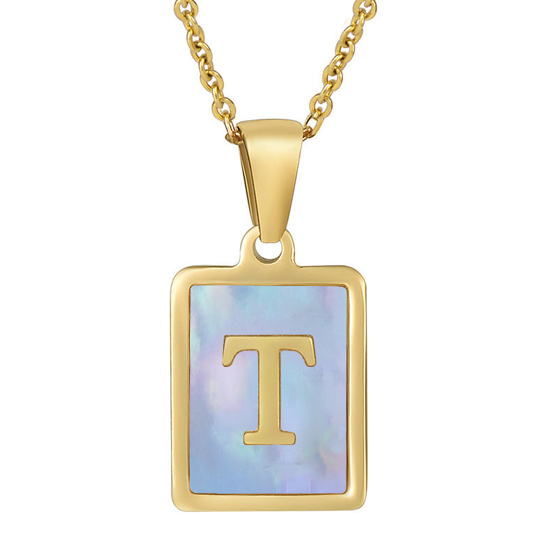 Titanium Steel 26 English Letter Necklace Blue Shell