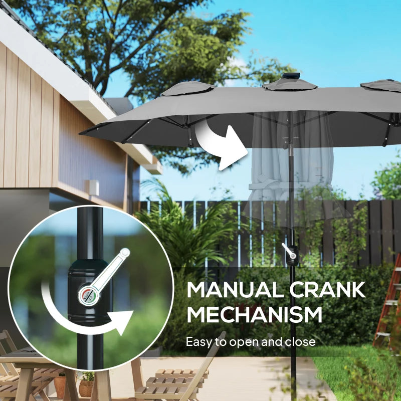 Double-sided Patio Umbrella, 9.7' Outdoor Umbrella With Tilt And Crank, LED Solar Light And 12 Ribs, Gray