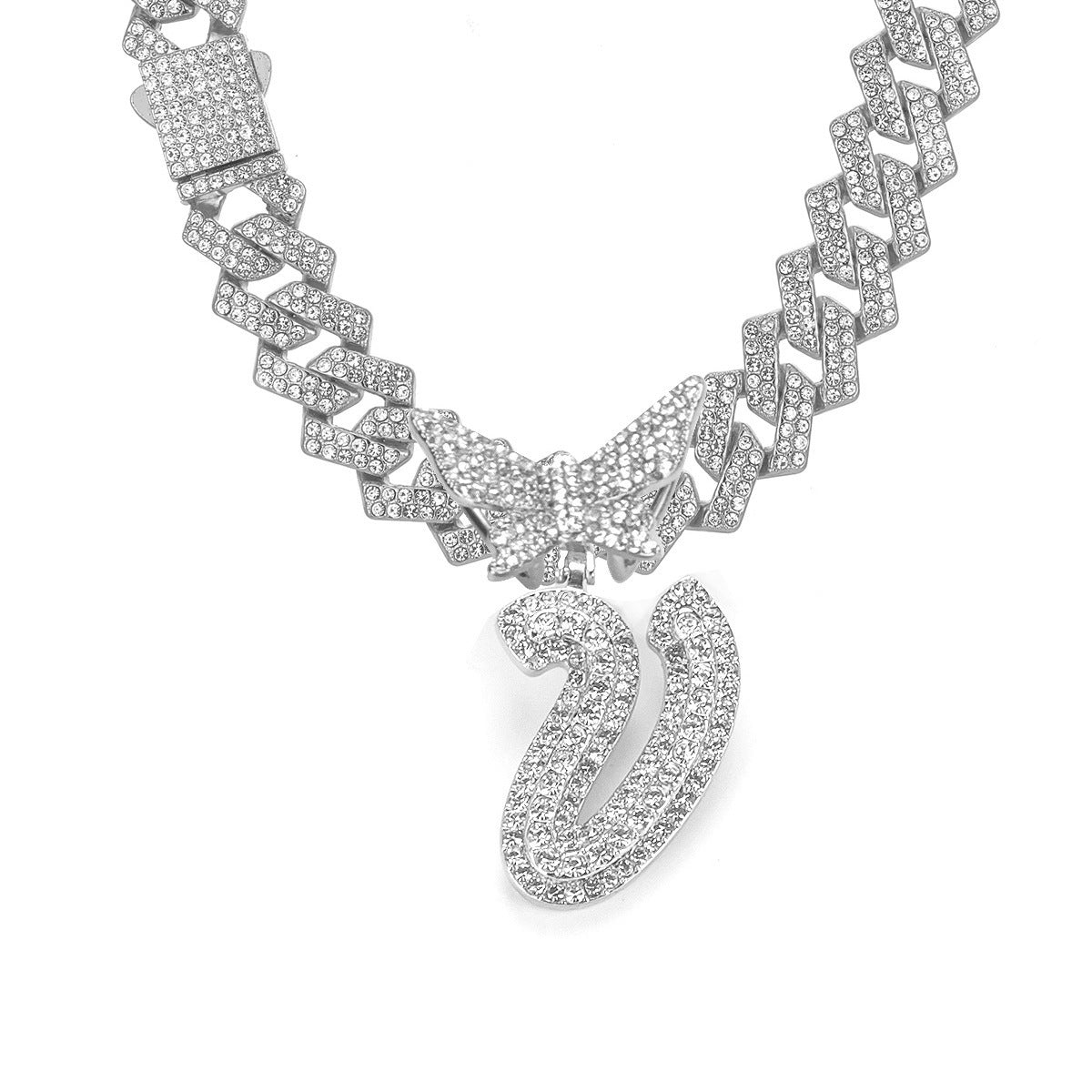 English Letter Alloy Rhinestone Pendant Necklace Butterfly