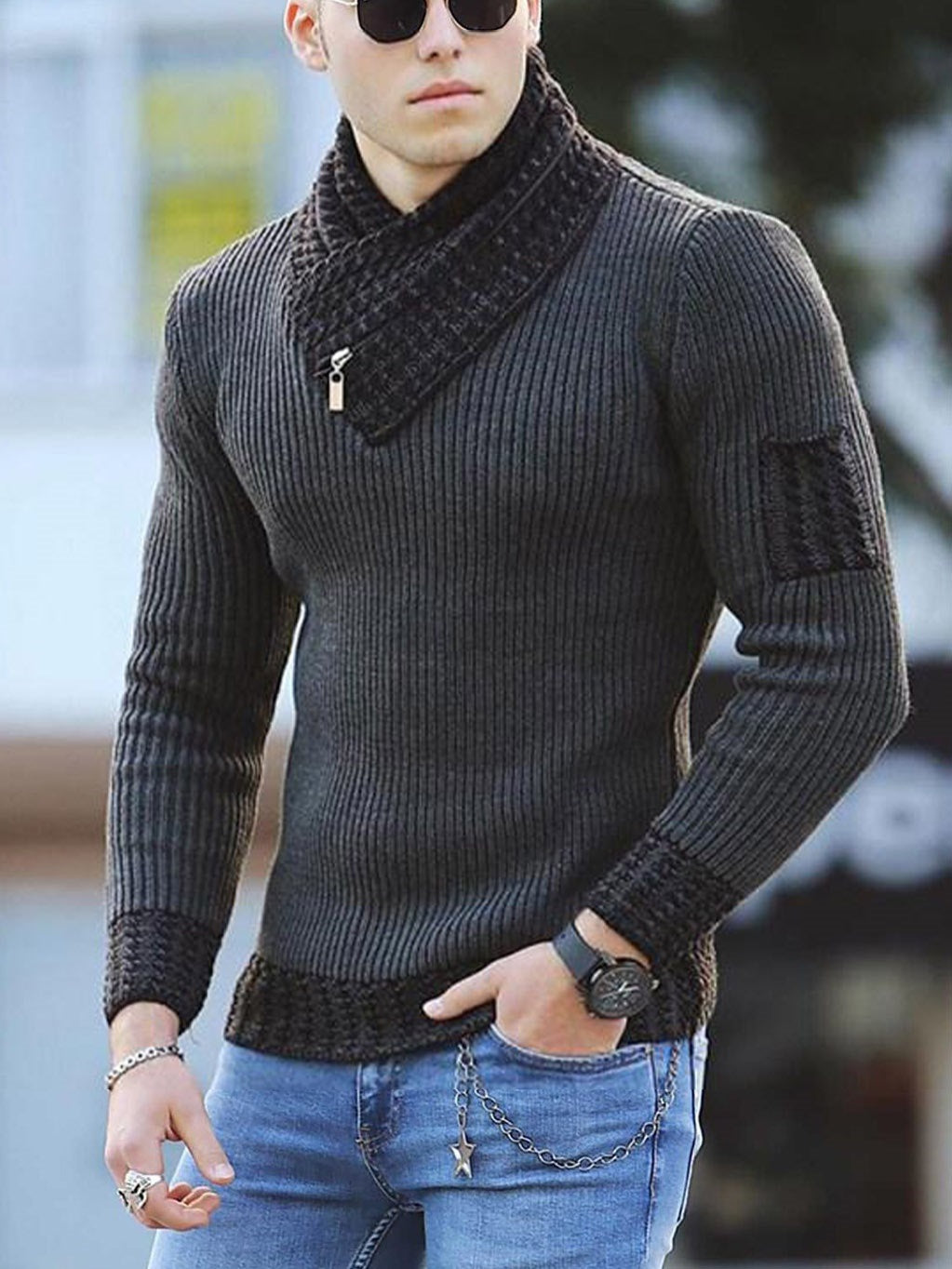 Independent Station Casual Slim Knit Pullover Long-Sleeved Scarf Collar Sweater Men's