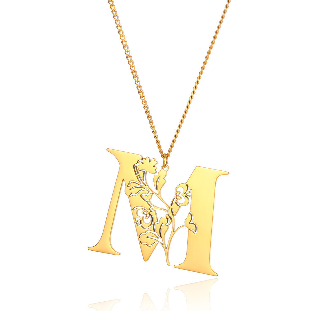 Stainless Steel 26 English Flower Letter Necklace