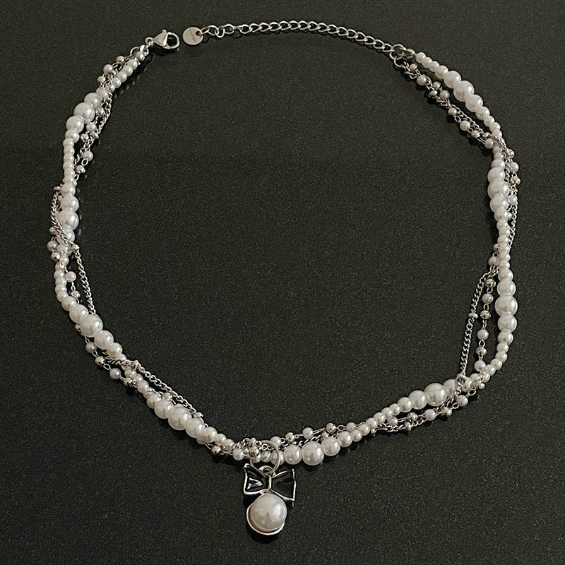 Bow Stitching Pearl Double-layer Winding Necklace Female Special Interest Light Luxury Y2g Hot Girl Sweet Cool Clavicle Chain Ornament