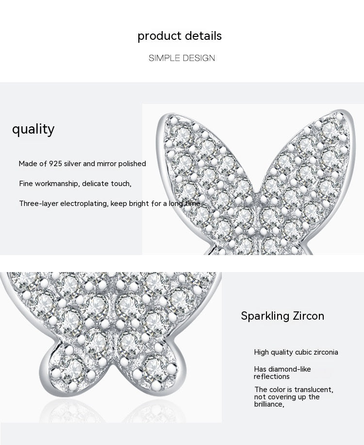 S925 Sterling Silver Butterfly Shiny Diamond-Encrusted Stud Earrings
