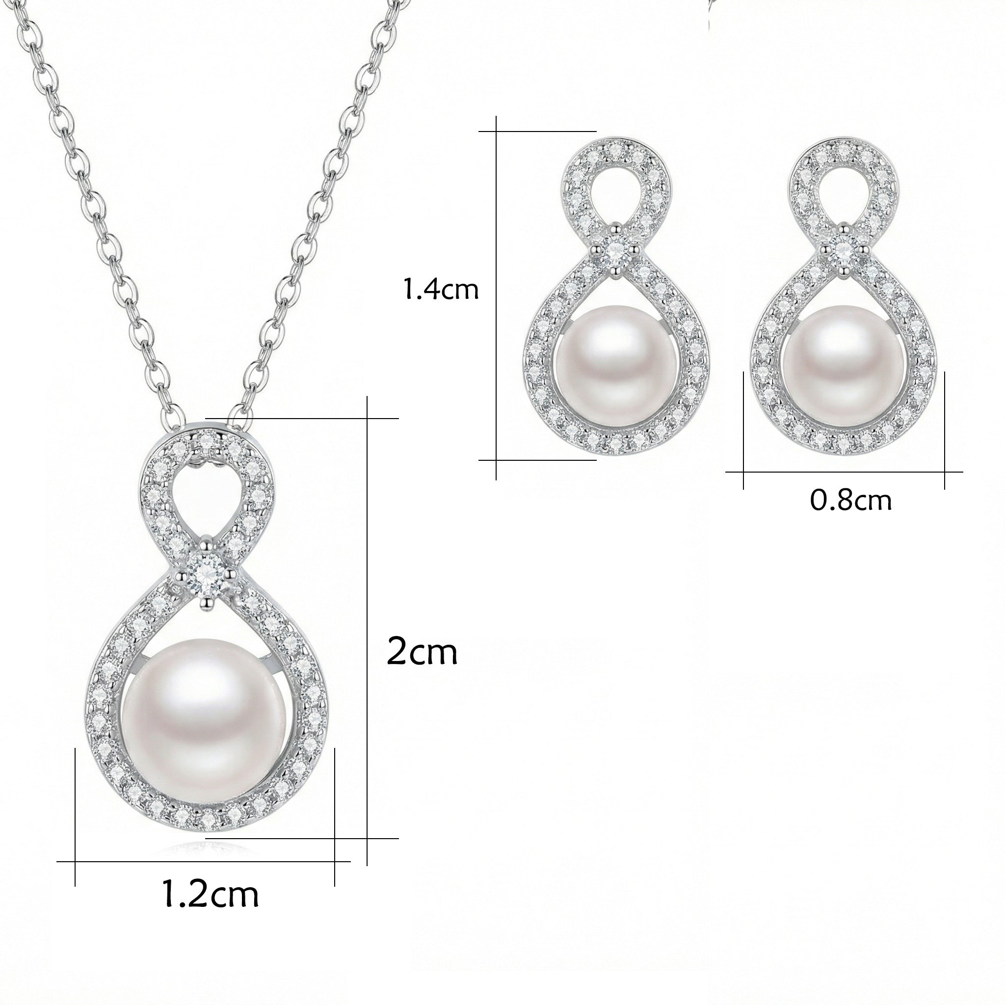 925 Sterling Silver Elegant Sterling Silver Infinity Pearl Necklace and Earrings Jewelry Set