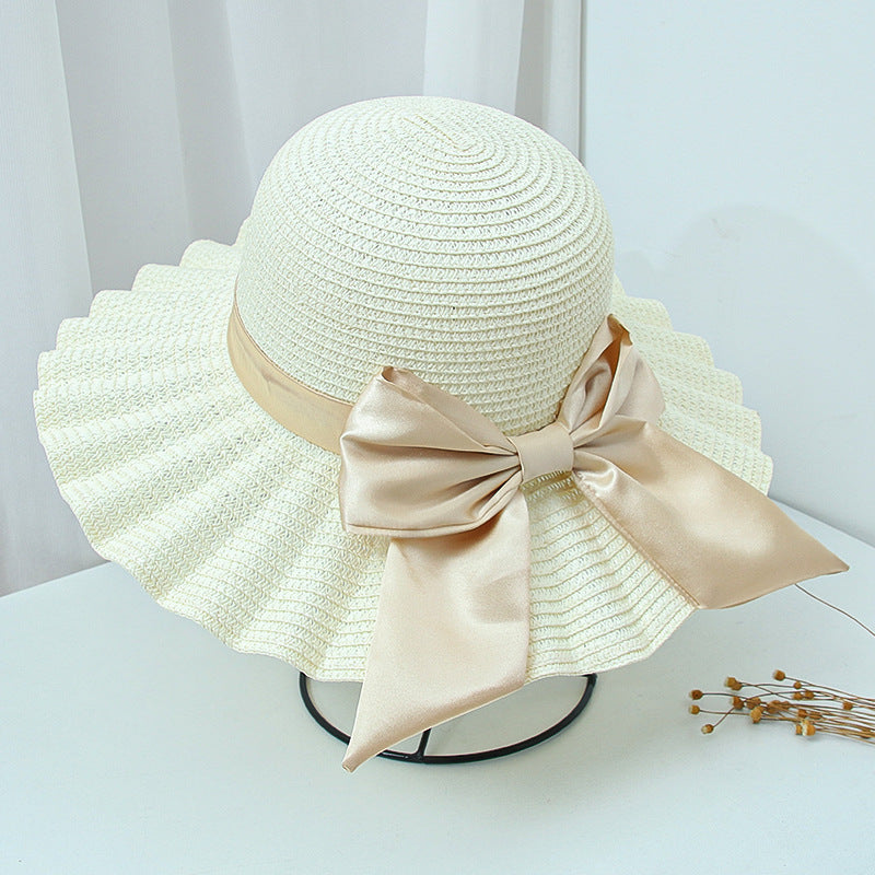 Wide-Brimmed Holiday Beach Hat With Shell Pattern Big Bow