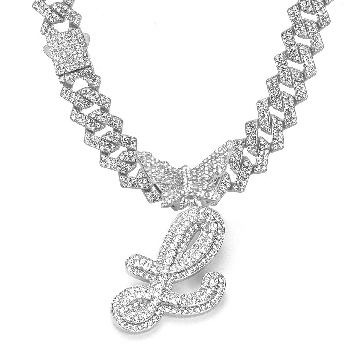 English Letter Alloy Rhinestone Pendant Necklace Butterfly