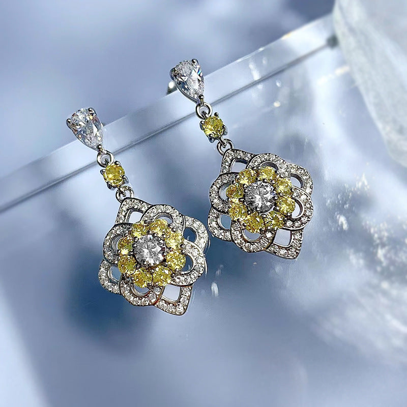 Sterling Silver Micro-Inlaid Yellow Diamond Ear Studs