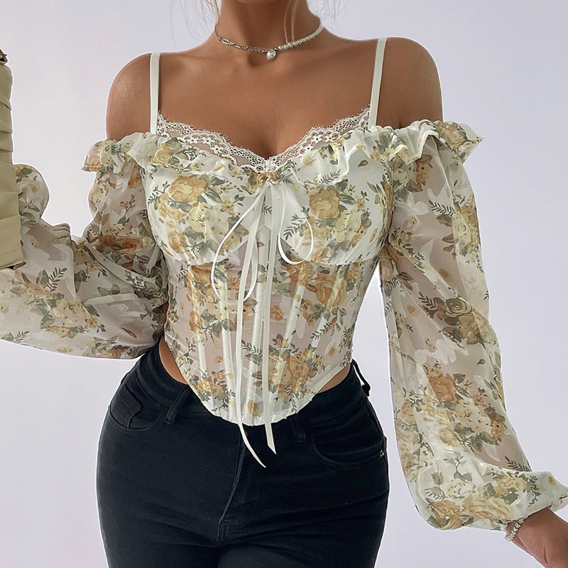 A Figure-Hugging Top With A Floral Print, Featuring A Fishbone Design