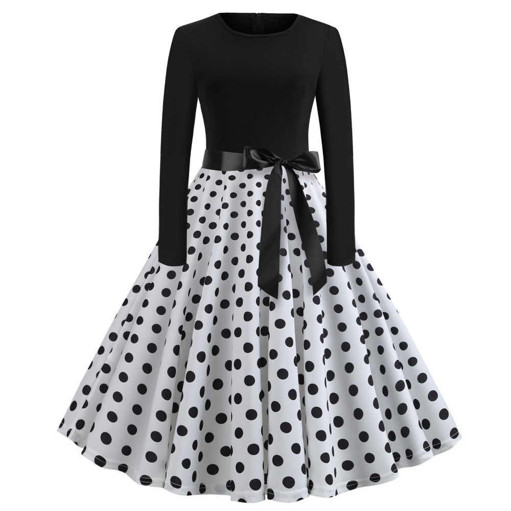 Vintage Hepburn Neck Waist Print Swing Dress