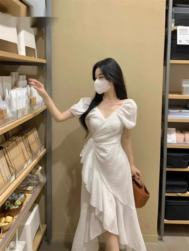 V-Neck Dress Degrees Women's Waist Irregular Ruffled