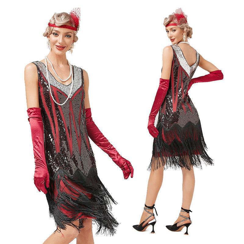 Retro V-Neck Double-Layered Tassel Gatsby Cocktail Ball Sequin Bead Dress