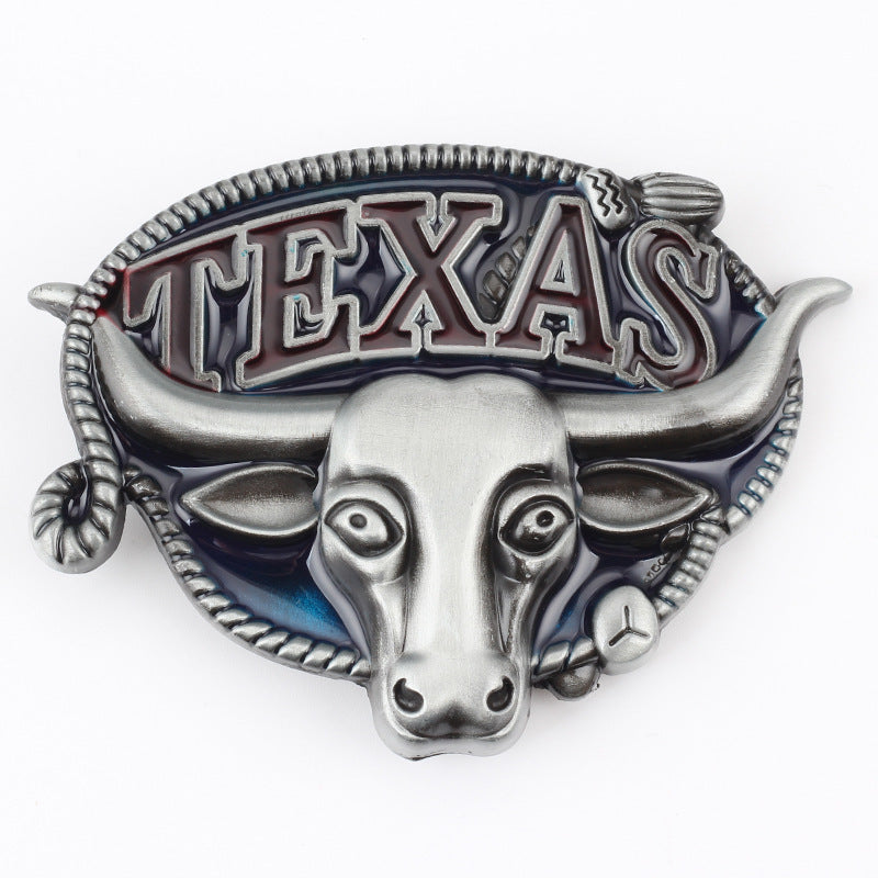Western Style Texas Longhorn Leather Buckle 3.8cm Wide Belt Suitable For Smooth