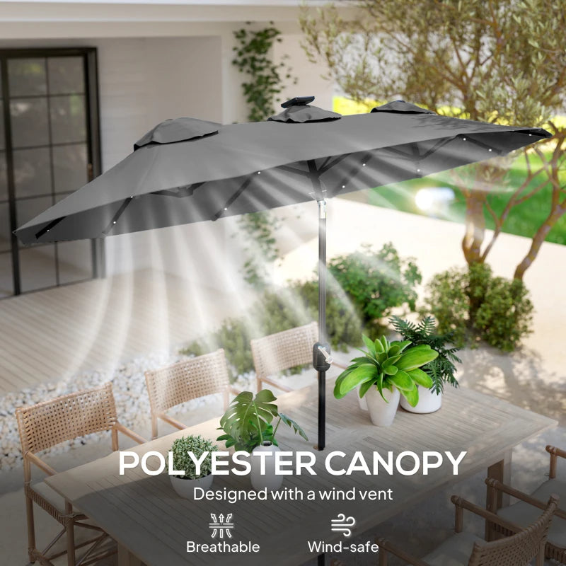 Double-sided Patio Umbrella, 9.7' Outdoor Umbrella With Tilt And Crank, LED Solar Light And 12 Ribs, Gray