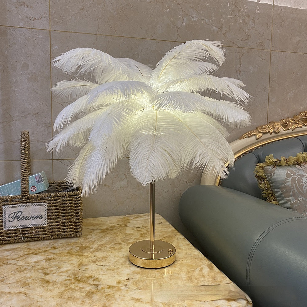 Natural Ostrich Feather Usb Charging Night Lamp Atmosphere Girls Bedroom Cozy True Feathers