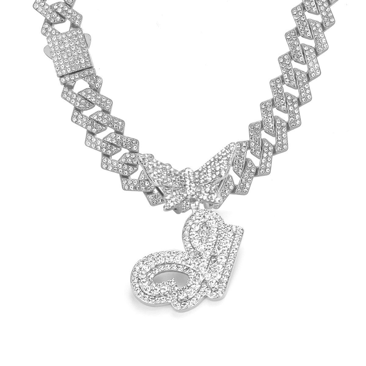 English Letter Alloy Rhinestone Pendant Necklace Butterfly
