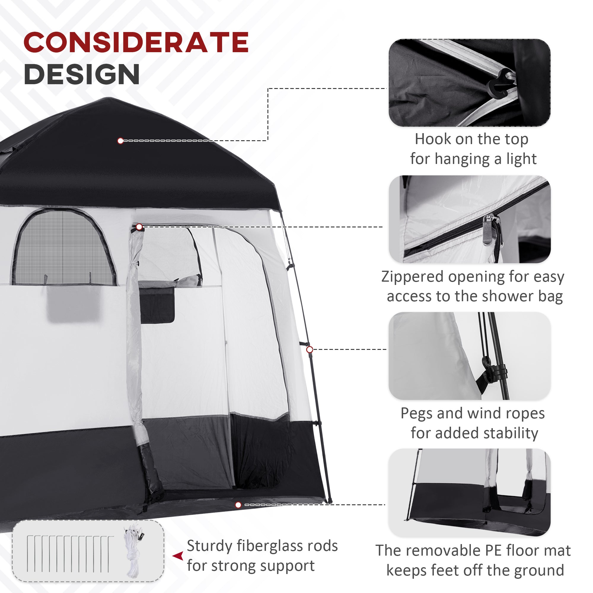 Shower Tent w/ Two Rooms, Shower Bag, Floor and Carrying Bag, Portable Privacy Shelter, Instant Changing Room for 2 Person, Black