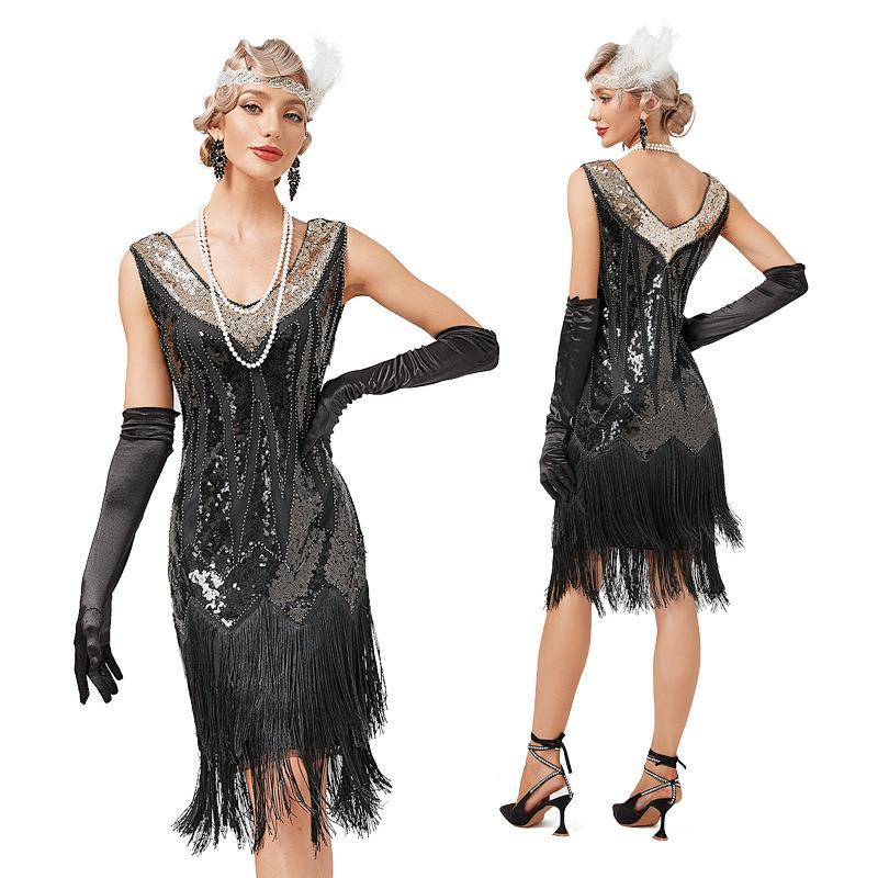 Retro V-Neck Double-Layered Tassel Gatsby Cocktail Ball Sequin Bead Dress