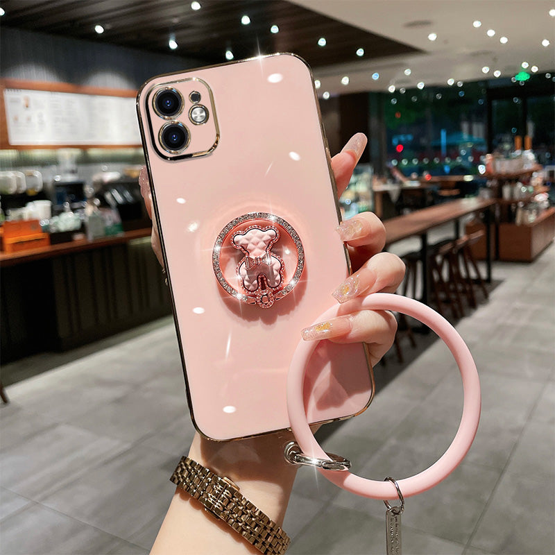 Electroplated Rhinestone Round Bracket Bear Cute High-level Luxury Protective Cover All-Inclusive Anti-Fall Soft Shell