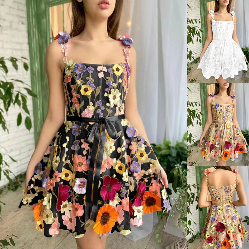 Three-Dimensional Flower Embroidery Dress Summer Fashion Sweet A-Line Suspender Dresses For Womens Clothing