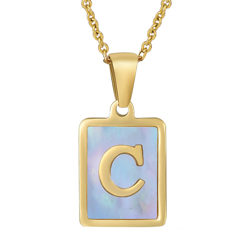 Titanium Steel 26 English Letter Necklace Blue Shell